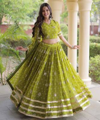 Navratri Parrot-green Printed Lehenga Choli in Georgette 3