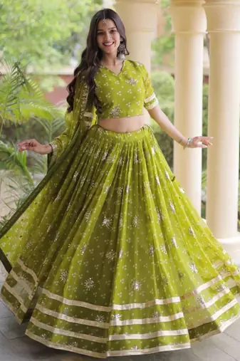 Navratri Parrot-green Printed Lehenga Choli in Georgette