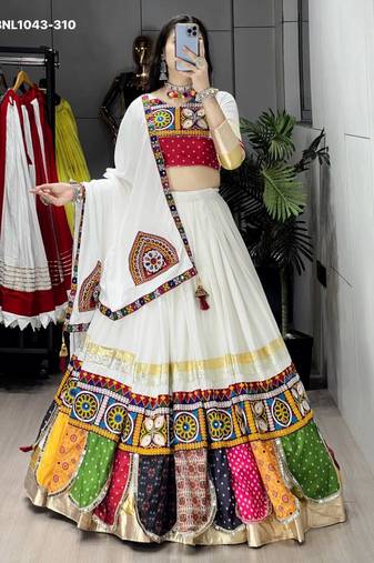 white printed cotton poly lehenga choli with embroidered blouse