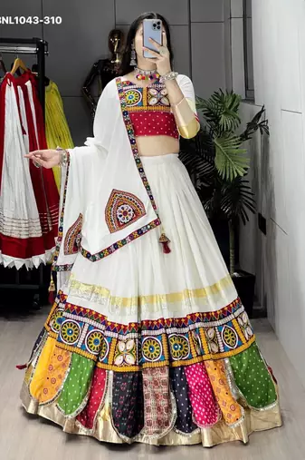 Navratri White Printed Lehenga Choli in Cotton Poly