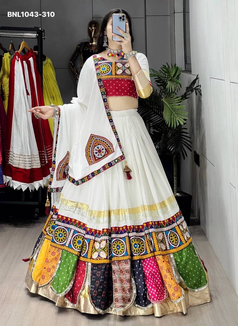 Navratri White Printed Lehenga Choli in Cotton Poly