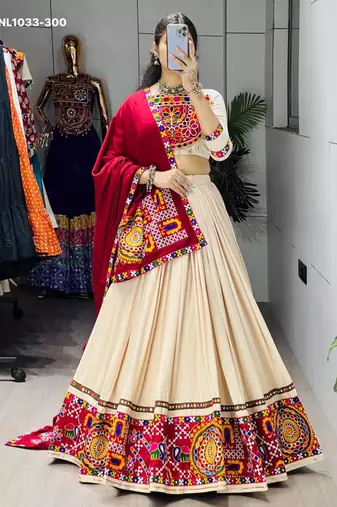 Navratri Cream Mirror Work Lehenga Choli in Cotton Poly