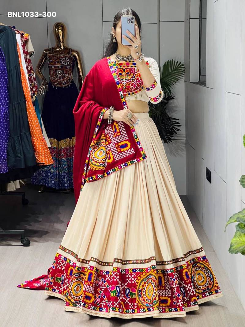 Navratri Cream Mirror Work Lehenga Choli in Cotton Poly
