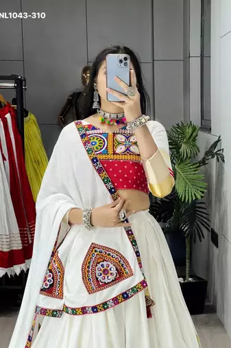 Navratri White Printed Lehenga Choli in Cotton Poly