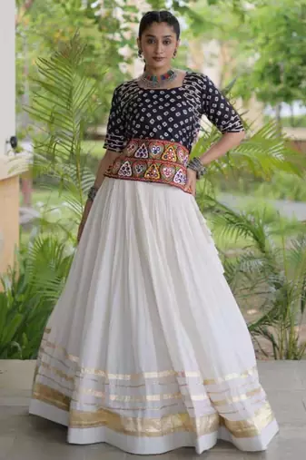 Navratri White Gamthi Work Lehenga Choli in Cotton Poly
