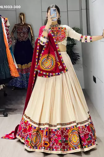 Navratri Cream Mirror Work Lehenga Choli in Cotton Poly