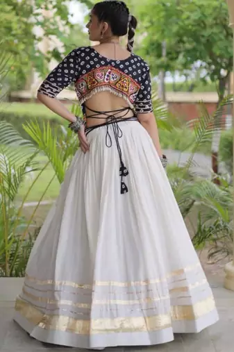 Navratri White Gamthi Work Lehenga Choli in Cotton Poly