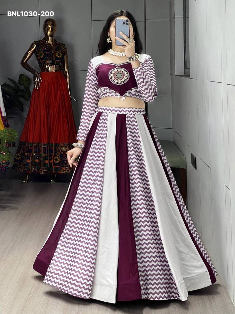 Navratri Wine Printed Lehenga Choli in Cotton Poly