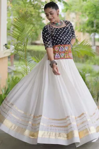 Navratri White Gamthi Work Lehenga Choli in Cotton Poly