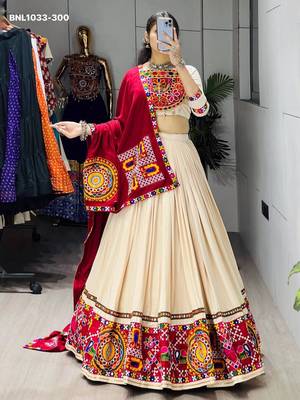 Navratri Cream Mirror Work Lehenga Choli in Cotton Poly 4