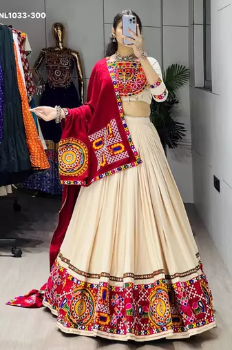 Navratri Cream Mirror Work Lehenga Choli in Cotton Poly