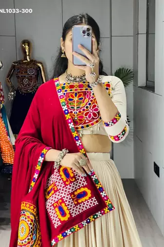 Navratri Cream Mirror Work Lehenga Choli in Cotton Poly