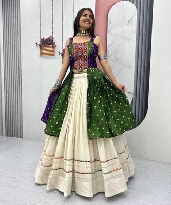 Navratri White Mirror Work Lehenga Choli in Cotton Poly 1