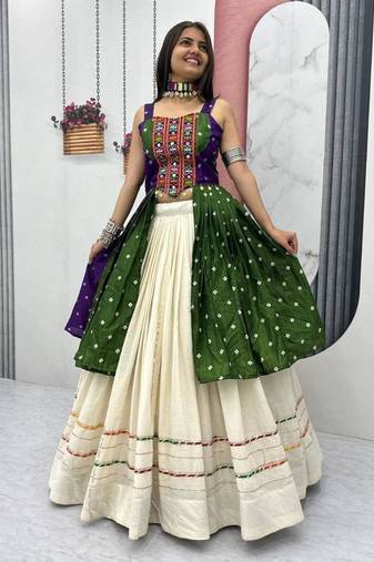 Navratri White Mirror Work Lehenga Choli in Cotton Poly