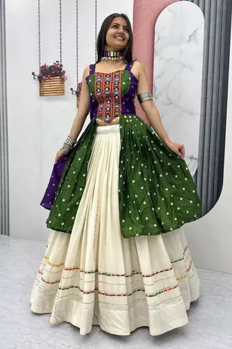 Navratri White Mirror Work Lehenga Choli in Cotton Poly