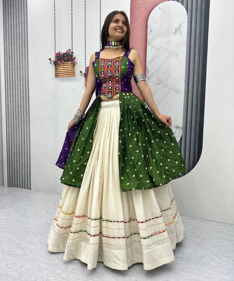 Navratri White Mirror Work Lehenga Choli in Cotton Poly