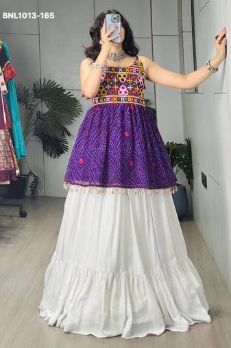 Navratri White Mirror Work Lehenga Choli in Cotton Poly