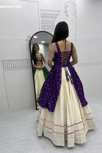 Navratri White Mirror Work Lehenga Choli in Cotton Poly