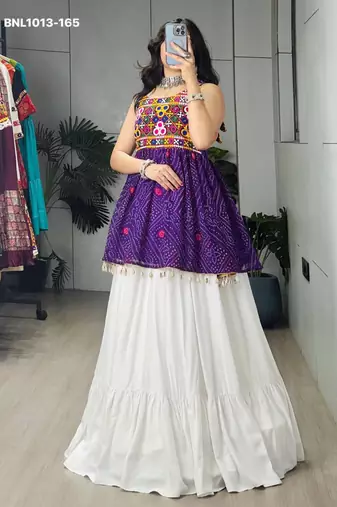 Navratri White Mirror Work Lehenga Choli in Cotton Poly