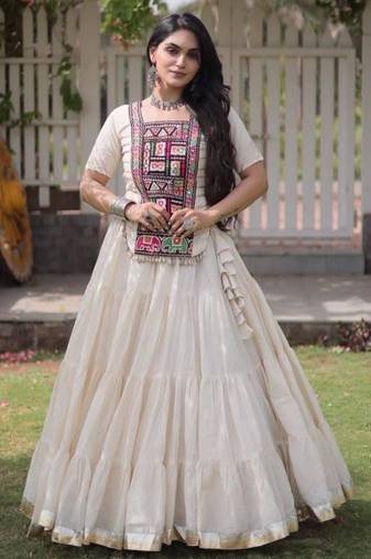 Navratri White Dori Detail Lehenga Choli in Cotton Poly