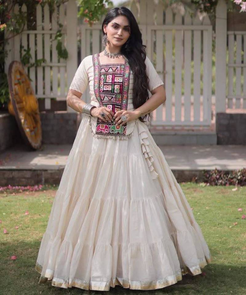 Navratri White Dori Detail Lehenga Choli in Cotton Poly