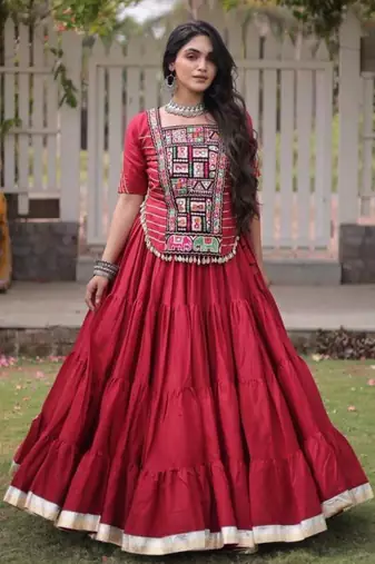 Navratri Red Dori Detail Lehenga Choli in Cotton Poly