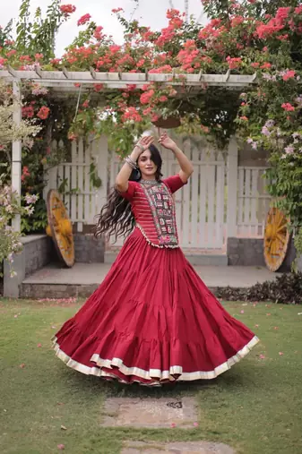 Navratri Red Dori Detail Lehenga Choli in Cotton Poly