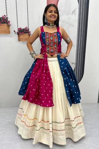 Navratri White Mirror Work Lehenga Choli in Cotton Poly