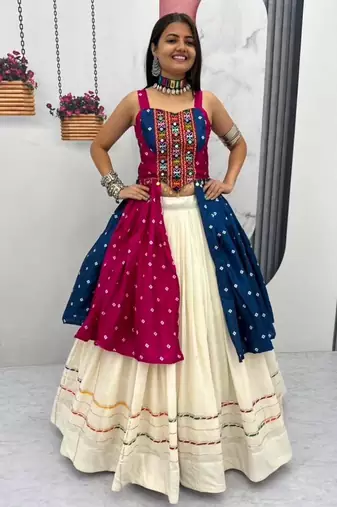 Navratri White Mirror Work Lehenga Choli in Cotton Poly