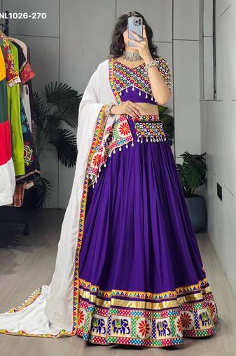 Navratri Purple Mirror Work Lehenga Choli in Cotton Poly
