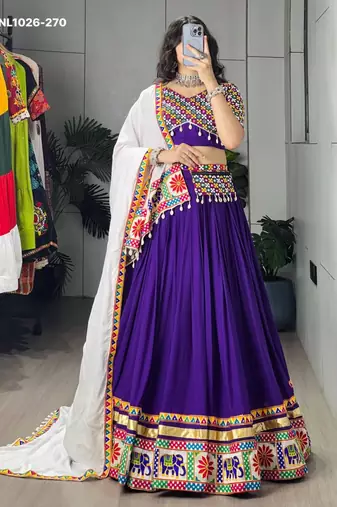 Navratri Purple Mirror Work Lehenga Choli in Cotton Poly