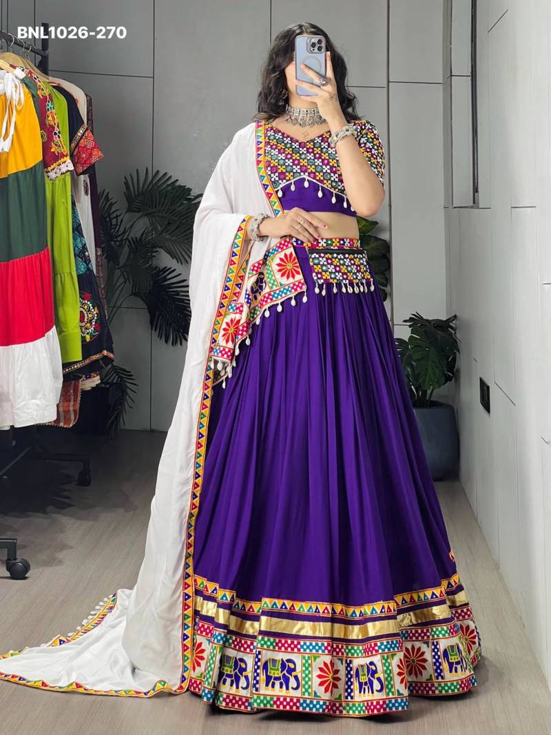 Navratri Purple Mirror Work Lehenga Choli in Cotton Poly