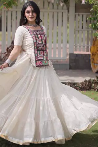 Navratri White Dori Detail Lehenga Choli in Cotton Poly