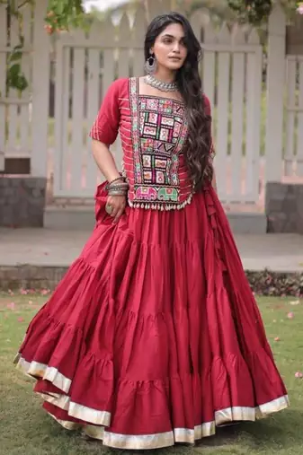 Navratri Red Dori Detail Lehenga Choli in Cotton Poly