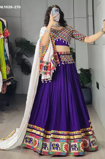 Navratri Purple Mirror Work Lehenga Choli in Cotton Poly