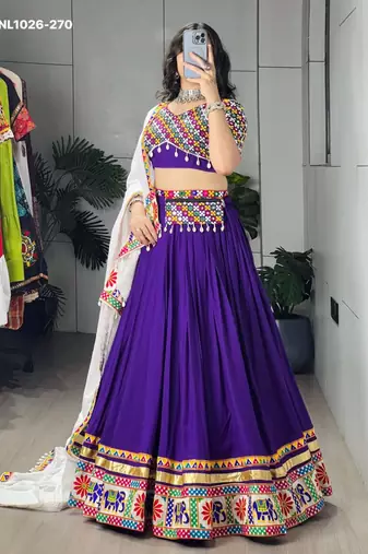 Navratri Purple Mirror Work Lehenga Choli in Cotton Poly