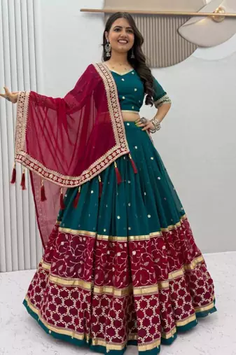 Navratri Teal Embroidered Lehenga Choli in Georgette
