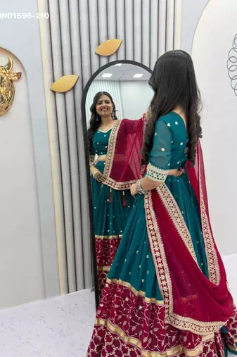 Navratri Teal Embroidered Lehenga Choli in Georgette