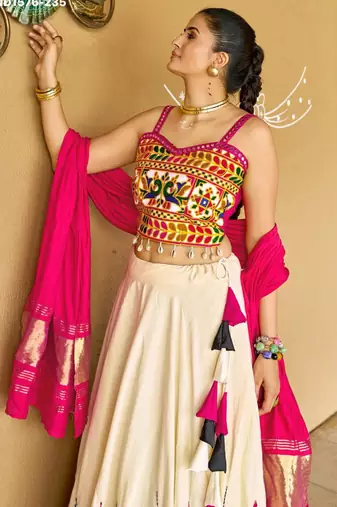 Navratri White Mirror Work Lehenga Choli in Cotton Poly