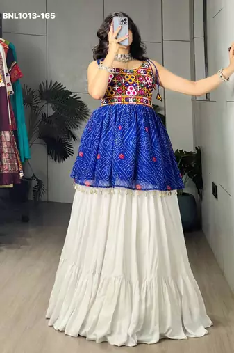 Navratri White Mirror Work Lehenga Choli in Cotton Poly