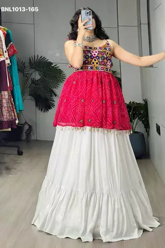 Navratri White Mirror Work Lehenga Choli in Cotton Poly