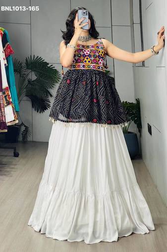 Navratri White Mirror Work Lehenga Choli in Cotton Poly