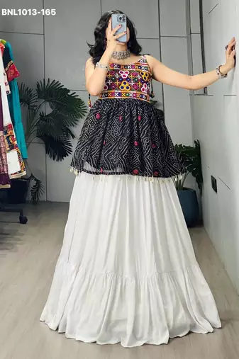 Navratri White Mirror Work Lehenga Choli in Cotton Poly