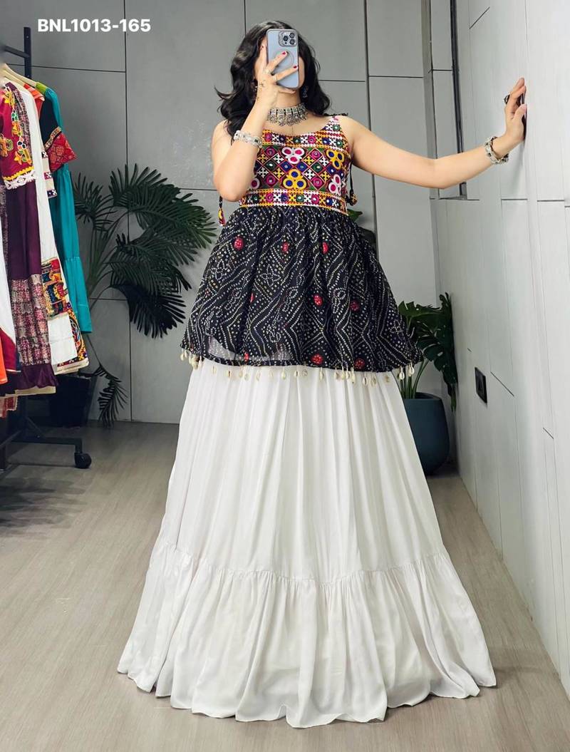Navratri White Mirror Work Lehenga Choli in Cotton Poly