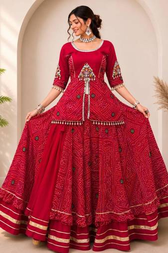 Navratri Red Mirror Work Lehenga Choli in Cotton Poly