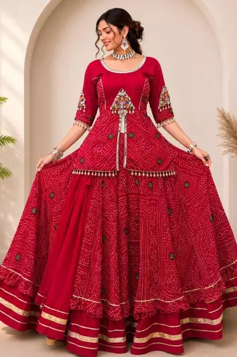 Navratri Red Mirror Work Lehenga Choli in Cotton Poly