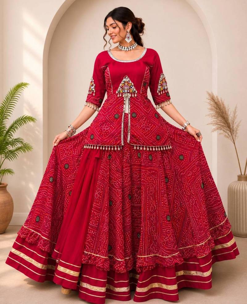 Navratri Red Mirror Work Lehenga Choli in Cotton Poly