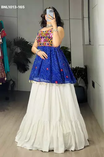 Navratri White Mirror Work Lehenga Choli in Cotton Poly
