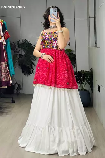 Navratri White Mirror Work Lehenga Choli in Cotton Poly