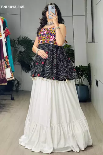 Navratri White Mirror Work Lehenga Choli in Cotton Poly